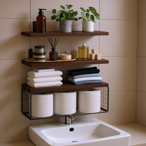 Étagères murales flottantes en bois pour salle de bain, 3 niveaux, 60x70cm, avec panier en fil métallique pour rangement, toilettes, chambre, cuisine, décoration intérieure - Product Image 2