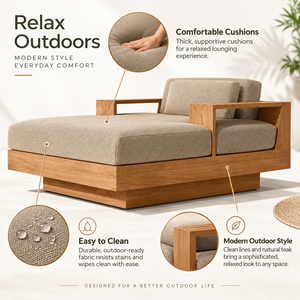 Lit <span class=keywords><strong>de</strong></span> repos et chaise longue d'extérieur <span class=keywords><strong>en</strong></span> <span class=keywords><strong>teck</strong></span> massif avec coussins, design moderne pour <span class=keywords><strong>salon</strong></span>, chambre et extérieur - Product Image 2