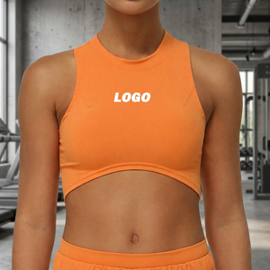 Women Orange Solid Color <b>Racerback</b> Sports <b>Bra</b> Crew Neck Medium Support Breathable Seamless Fitness Top Front Logo - Product Image 1