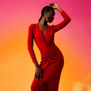 Un abito <span class=keywords><strong>rosso</strong></span> festivo per le donne, una vita stretta, un abito A maniche lunghe che abbraccia la figura - Product Image 1