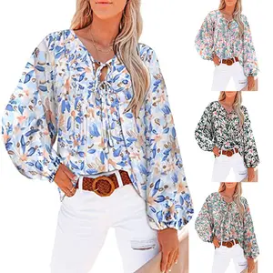 Spring Summer Loose Casual Tops Floral Print V-neck Long Puff Sleeve Blouse Women blusa de mujer moda2023