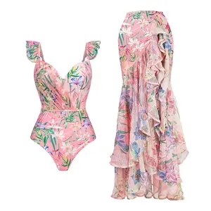 Bestway female high waist ruffle strap swimwear floral print V-neck one piece Swimsuit with fashion dress set trajes de bano