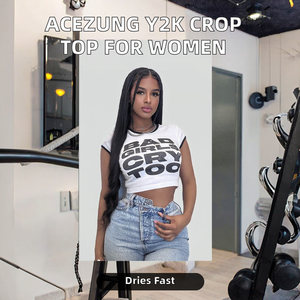 ACEzung Trendy Women's Breathable Slim Fit Short Sleeve Letter Print Crop <b>Top</b> O-Neck Y2K Pullover Fashion Casual Summer <b>Tops</b> - Product Image 2