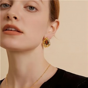 Geometric <b>Stud</b> <b>Earrings</b> With Natural Stone Bezel Setting Stainless Steel For Women Irregular Folds Design - Product Image 2