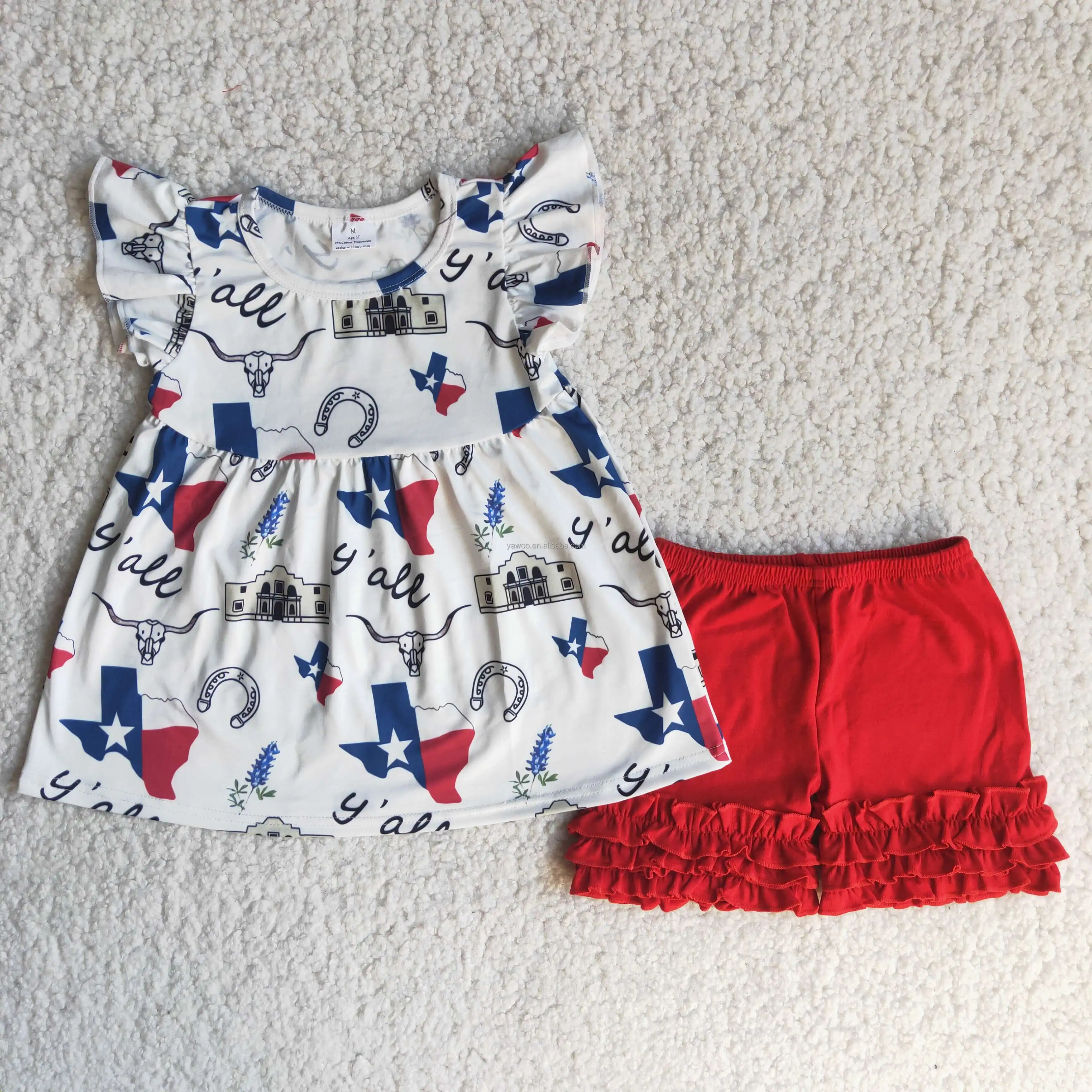 Wholesale ODM OEM RTS no moq child girls summer clothes baby boutique outfits kids red ruffle shorts