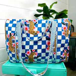 Sac fourre-tout décontracté bleu à carreaux avec appliqué léopard, en toile, bandoulière, grande capacité, sac de plage pour femme - Product Image 1