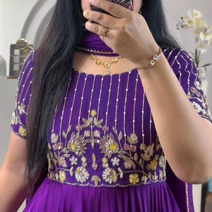 Faux Georgette With Heavy Embroidery <b>Sequence</b> Work with Full Sleeve and Fully Flair Anarkali <b>Top</b> Ready to Wear With Attached Cup - Product Image 1