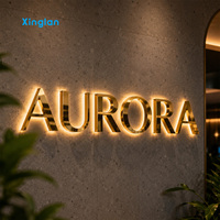 Huruf Saluran LED Backlit Cermin Emas Titanium Stainless Steel Custom 3D Halo Lit Sign Logo untuk Signage Bisnis Toko