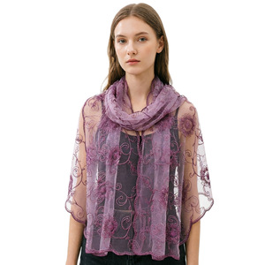 Floral Lace Embroidered Mesh Scarf Elegant Shawl for Women Daily Wear Party Travel Decorative Neck <b>Wrap</b> Cape Cover Up Neck Scarf - Product Image 3