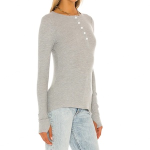 Soft <b>Thermal</b> Knit <b>Women</b> <b>Top</b> Long Sleeves Thumb Cut Outs Bodycon Grey Henley Tee - Product Image 2