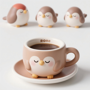 ชุดแก้วกาแฟเซรามิคพร้อมจานรองลายโรบินเบิร์ด 8 ออนซ์ - ชุดเครื่องครัวลายเพ้นท์มือ 3 มิติ รับสั่งทำจำนวนมากสำหรับร้านกาแฟและครัวเรือน - Product Image 1