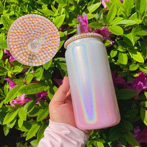 Vaso de Vidrio Holográfico Blanco de 15oz/16oz con Tapa Brillante y Adornos de Diamantes de Imitación, con Pajita de PP para Sublimación, Disponible en Nuestro Almacén de EE. UU. - Product Image 4