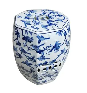 中国のアンティークの青と白の花の鳥のパターン八角形の磁器の庭のスツールの家の装飾