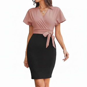 Vestido de trabajo de oficina de verano para mujer con cintura curva, vestido ceñido al cuerpo de crepé con logotipo frontal, vestido con cinturón y bolsillo - Product Image 1