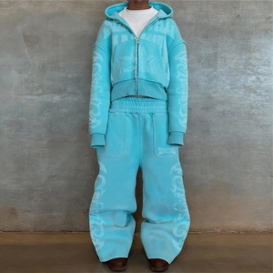 High Quality Baggy Cropped Sweatsuit Acid Wash Zip up Hoodies and Sweatpants Set Custom Logo Sports <b>Tracksuit</b> Manufacturer - Product Image 1