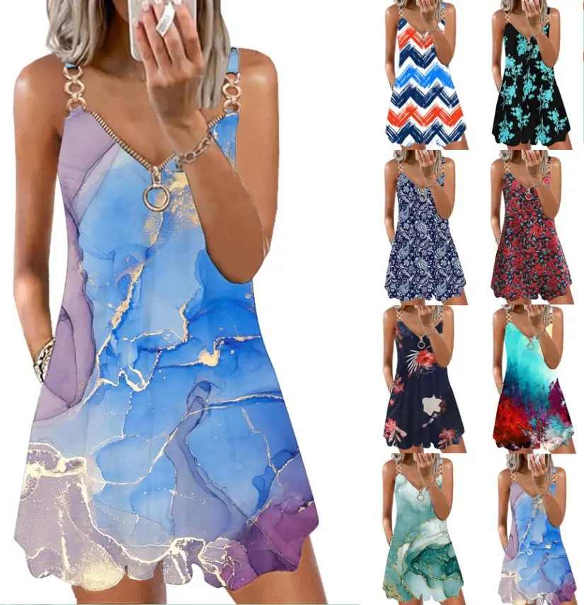 유럽 미국 여성 의류 여름 새로운 도시 레저 V 넥 여성 스파게티 스트랩 드레스