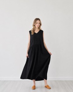 Vestido Maxi sin Mangas de Lino y Algodón Ecológico Personalizado para Mujer, Cuello en V, Corte Regular, Cintura Natural, Ropa Casual de Verano - Product Image 4