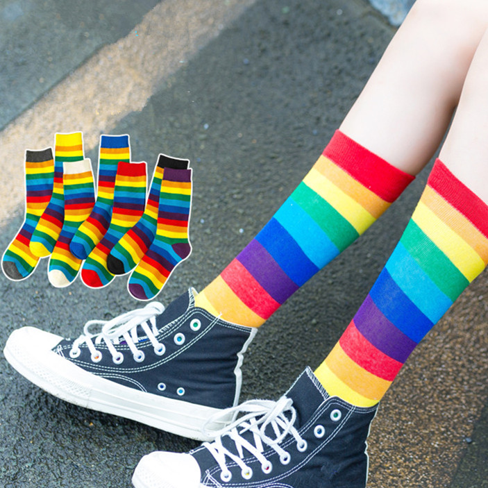 Новое поступление хлопковые эластичные женские длинные носки конфетных цветов радужные полосатые спортивные носки ретро Harajuku Повседневные носки