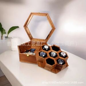 Caja de exhibición de relojes de madera, hexagonal, de madera maciza, con tapa abatible, diseño de panal, a prueba de polvo, para relojes de hombre - Product Image 2