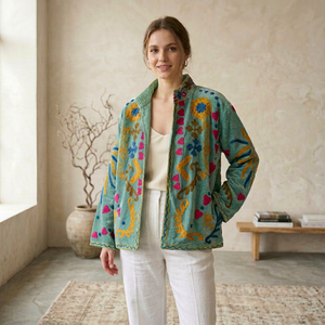 Chaqueta de Mujer de Terciopelo Turquesa Premium con Bordado Suzani, Chaqueta de Mujer con Bordado a Mano, Estilo Limpio y Elegante - Product Image 1