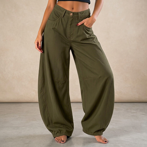 Pantalon Harem Femme Taille Haute Ample en Toile Couleur Unie Décontracté Jambe Large Longueur Entière avec Poches et Fermeture Boutonnée - Product Image 3