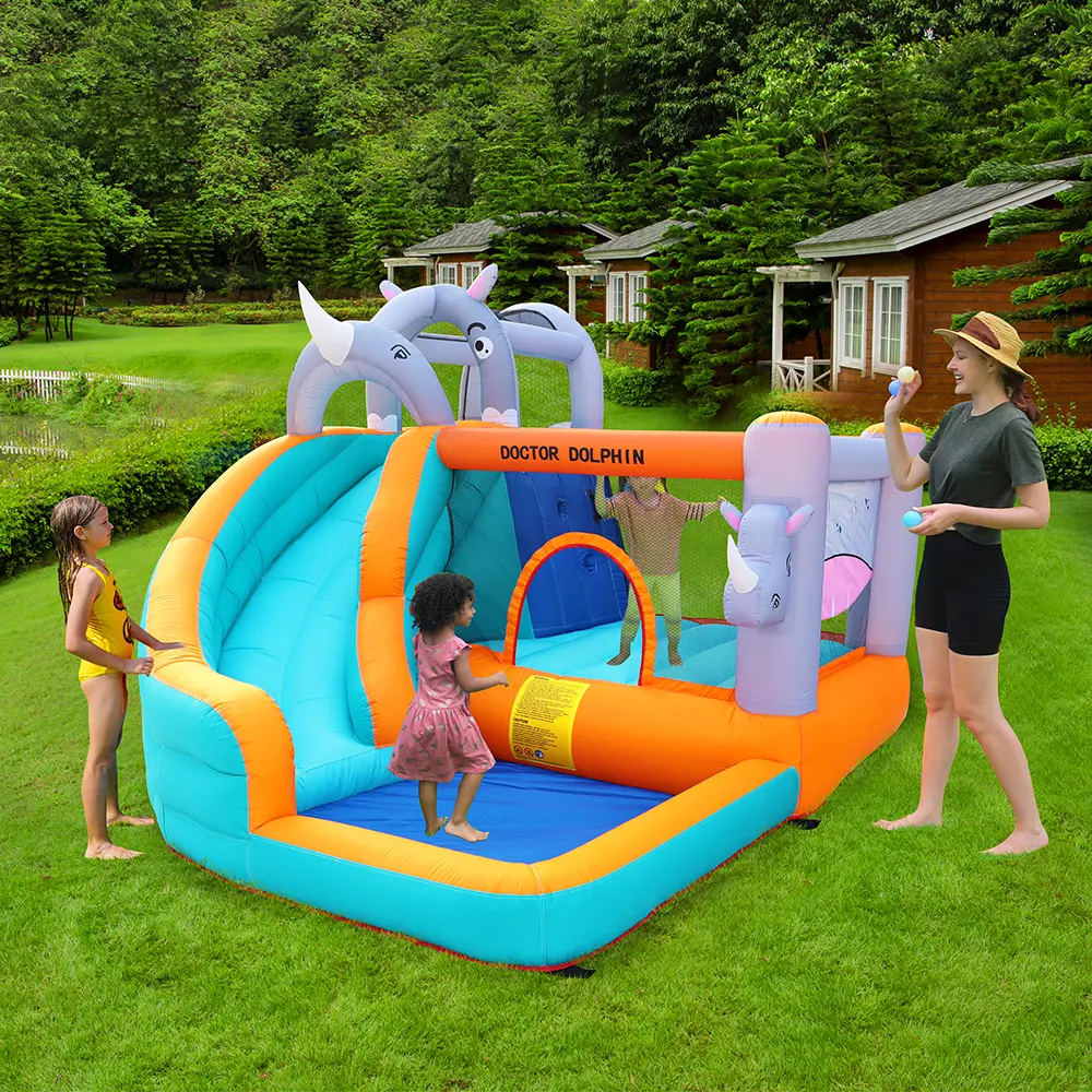 Bác sĩ cá heo nhà máy động vật tê giác Inflatable trượt nước Inflatable nhà bị trả lại nảy lâu đài cho trẻ em