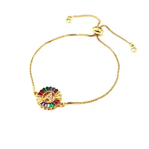 Fancy gold jewelry ladies rainbow cz diamond initial customized letters A-Z alphabet adjustable box chain bracelet
