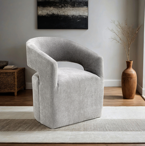 Fauteuil capitonné gris clair 1 pièce avec base sur pieds et roulettes, assise ronde en tissu texturé, mobilier de chambre moderne et écologique - Product Image 2