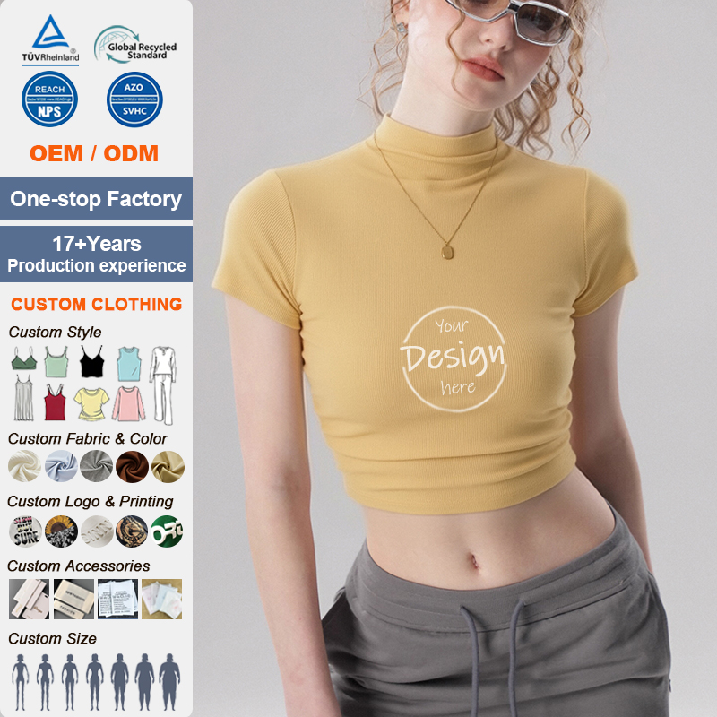 Custom Summer Spring Women's Elegant Crop Top Padded High-Neck Slim-Fit Short-Sleeves Low MOQ Factory Direct Women's Clothing