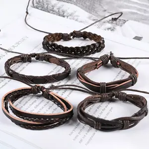 Gelang kulit kustom untuk pria, gelang anyaman multilapis, set gelang kulit sederhana untuk pria