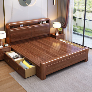 Lit en bois massif noyer 1,8 m avec coffre de rangement bas, mobilier de chambre - Product Image 3