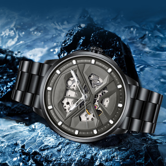 Futuristic Skeleton Luxury Mechanical Watch Men's Glass Dial Stainless Steel Strap Valentine Birthday Gift