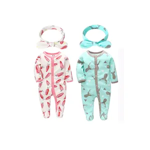 Groothandel Baby Romper Set Met Hoofdband Jumpsuits Gedrukt Baby Romper Sets Kleding Pyjama Pasgeboren Body Suits Baby Kleding Set