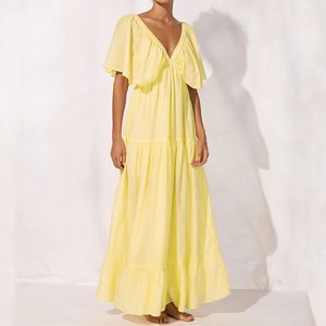 Factory design elegant and flowing deep V-neck multi-layered long <b>dress</b>, luxurious 100% cotton <b>tulle</b> <b>Maxi</b> <b>Dress</b> - Product Image 2