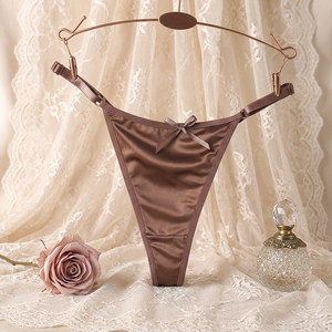 Culottes string en satin pour femmes, avec joli nœud, bretelles fines réglables, taille basse, lingerie T-back, couleur unie, ultra-fines, en soie glacée, OEM ODM - Product Image 2