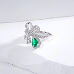 Luxury White <b>Gold</b> <b>Cocktail</b> <b>Ring</b> With Emerald Cut Green Gem And Baguette Diamonds Pave Setting Bowknot Design For Women H - Product Image 2