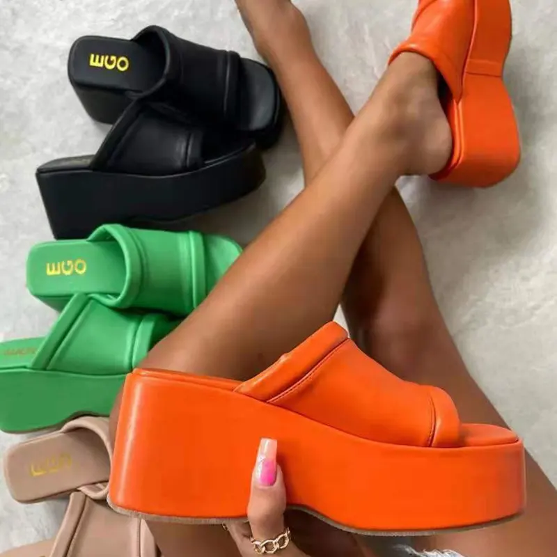 2022 Ladies Leather Platform Shoes Summer Thick Bottom Flip-flops Wedges Sandals Flat Slides Slippers Women Shoes