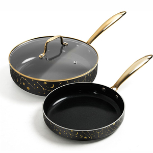 Ensemble de poêles à frire en céramique antiadhésives avec couvercle en verre, design constellation dorée, poêle ronde pour cuisinière à gaz et à induction - Product Image 1