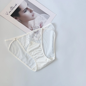 Wholesale Women's <b>White</b> <b>Lace</b> Mesh Mid-Rise Briefs Solid Elegant Satin Luxury Underwear Quick Dry Breathable Waist Logo - Product Image 2
