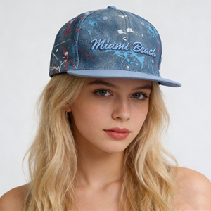 Gorra Snapback 100% Denim con Diseño de <span class=keywords><strong>Miami</strong></span> Beach, Bordado, Estilo Denim, Ajustable, con Visera Plana y Patrón de Dibujos Animados - Product Image 1