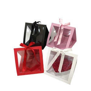 Custom Foldable Triangle <b>Gift</b> <b>Box</b> to Put Flowers with Handle Folded <b>clear</b> Paper <b>Box</b> <b>Gift</b> Packaging with Ribbon for Wedding - Product Image 3