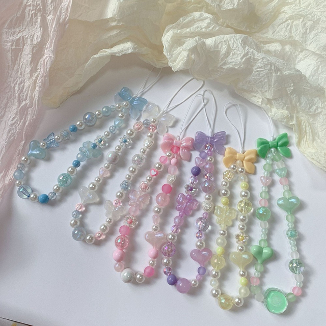 Colorful Acrylic Bow Heart Beaded Cellphone Lanyard Floral Pearl Bracelet Wrist Strap Anti-Lost Chains for Mobile Phones
