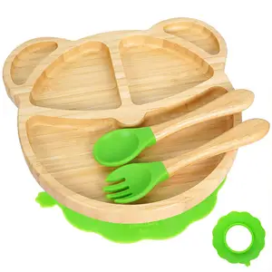 Ensemble d'alimentation pour bébé en bambou, ours, Animal, assiette en Silicone pour bébé, assiettes en bambou pour enfants