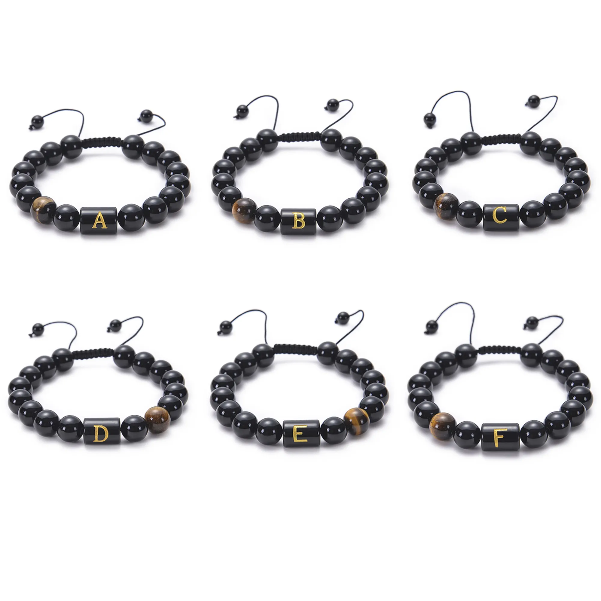 Initials Bracelets for Men 26 Letter Link Handmade Black Obsidian Tiger Eye Stone Beads Braided Rope Meaningful Bracelet