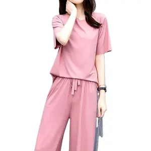 2022 패션 여름 여성 느슨한 얼음 원사 티셔츠 넓은 다리 바지 세트 단색 바지 도매