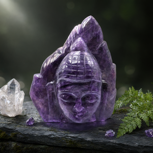 Cabeza de Buda sobre hoja, tallada a mano en amatista - rostro de Buda sereno y meditando - cristal/reiki/curación - Product Image 3