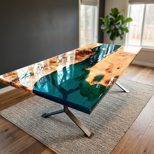 Table à manger en résine époxy artisanale |   Table en bois massif et résine |   Taille et couleur personnalisées |   Meubles de luxe modernes - Product Image 1