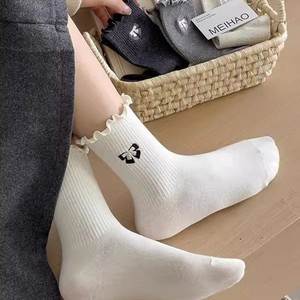Women's Ruffled Slouch <b>Socks</b> Bow Pattern Mid-Calf Breathable Sweat-Absorbing Polyester Fiber Casual <b>Socks</b> For Youth - Product Image 2