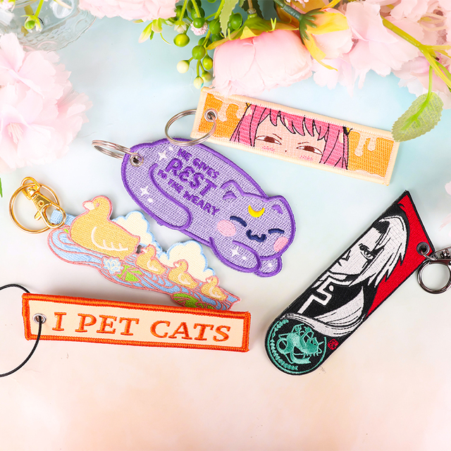 Customized Anime Cartoon Embroidery Stainless Steel Key Ring for Motorcycle Car Biker Cycling Custom Logo Embroidered Keychain