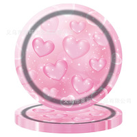 Neues Rosa Herz-Motiv 4-Farbig Bedrucktes Einweg-Papiergeschirr-Set für Valentinstag und Neujahrspartys - Teller 100 Stück